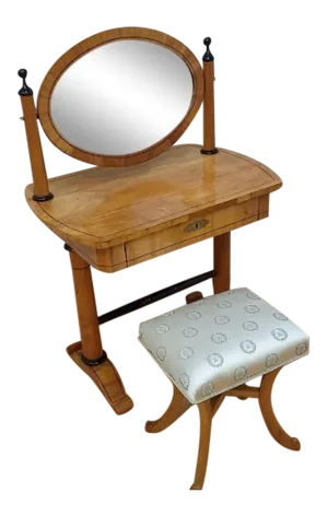 Antique Biedermeier Style Cherrywood Oval Swing Mirror Vanity With Stool