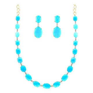 60ct Natural Sleeping Beauty Turquoise & Diamond Tennis Necklace & Earrings Set For Sale