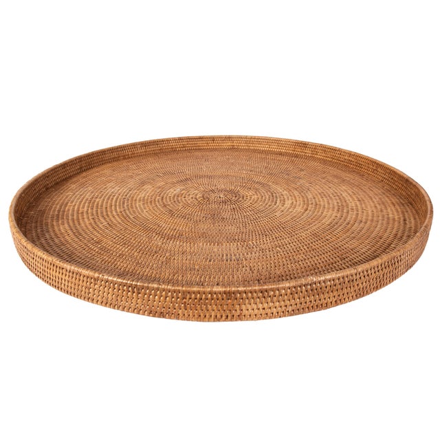 Artifacts Rattan Round Serving Ottoman Tray 32" Diameter, Honey Brown For Sale - Image 4 of 4