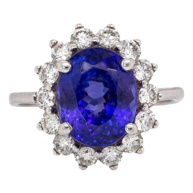 4.4cts Tanzanite Ring W Earth Mined Diamond Accent in 14k White Gold | Ov 10x8mm For Sale