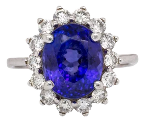 4.4cts Tanzanite Ring W Earth Mined Diamond Accent in 14k White Gold | Ov 10x8mm