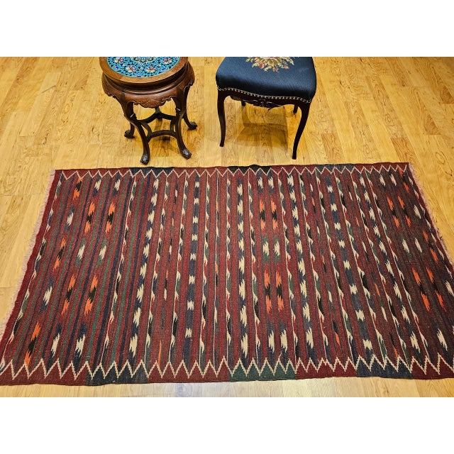 Textile Vintage Moroccan Kilim Rug, Handwoven Wool & Cotton, Stripe Pattern, Red & Brown, 4x7 For Sale - Image 7 of 10