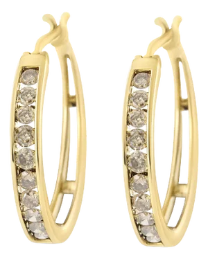 14K Yellow Gold Plated .925 Sterling Silver 1.0 Cttw Channel Set Champagne Diamond Hoop Earrings with Snap Post