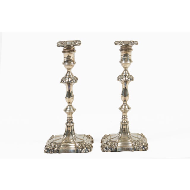 Rococo Pair Sheffield Silver Plate George II Style Candlesticks For Sale - Image 3 of 11