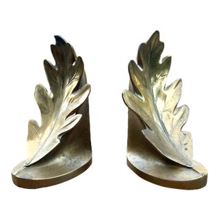 Vintage PM Craftsman Oak Leaf Brass Finish Bookends - a Pair For Sale