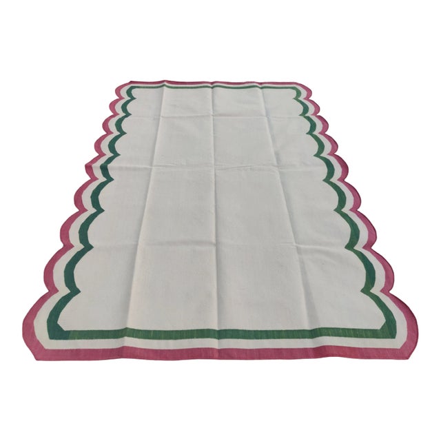 Handmade Cotton Vegetable Dyed Scalloped Edge Rug Cream With Green and Raspberry Pink Border - 9x12 For Sale - Image 11 of 11