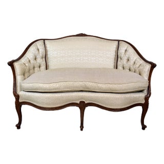 Louis XV Style Canape Loveseat, Tufted Brocade, Early 20th C. For Sale