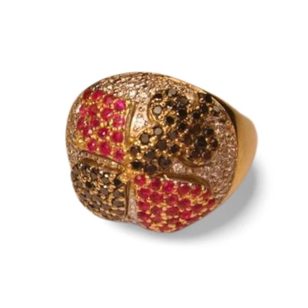 18K yellow gold designer ring featuring brilliant round diamonds, natural rubies, and black diamonds in a bold...