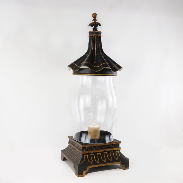 Late 20th Century Vintage Black and Gold Pagoda Top Hurrican Candle Holder Lantern With Glass Globe For Sale - Image 5 of 11