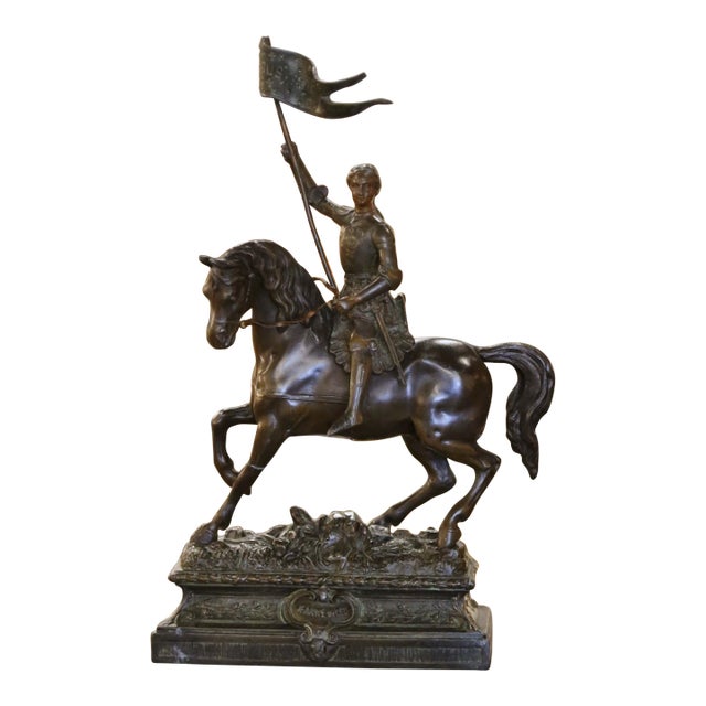 19th Century French Patinated Spelter Figure of Joan of Arc on Horse For Sale