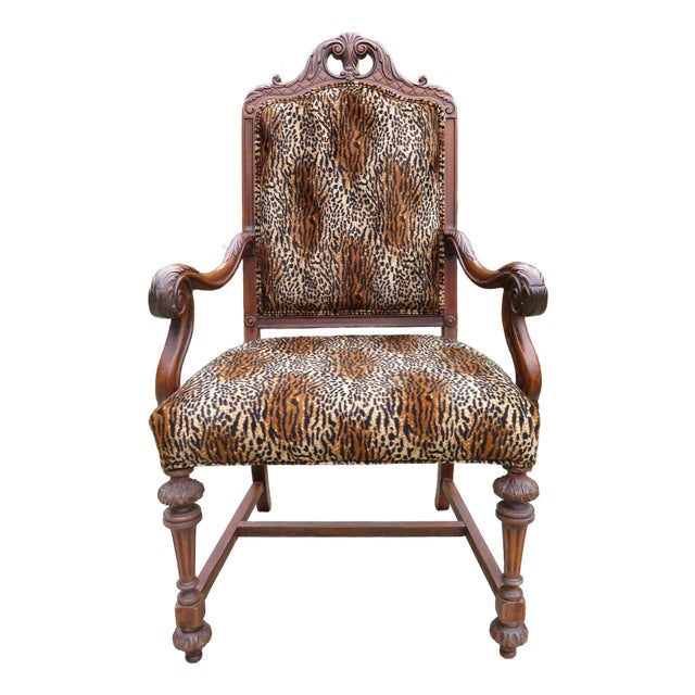 Antique Carved Wood Spanish Revival Arm Throne Chair W/ Leopard Tiger Jungle Cat Velvet Upholstery For Sale