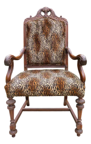 Antique Carved Wood Spanish Revival Arm Throne Chair W/ Leopard Tiger Jungle Cat Velvet Upholstery