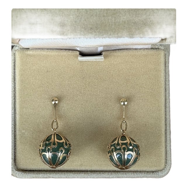 Mid Century Jade and 14k Filigree-Caged Ball Drop Earrings For Sale