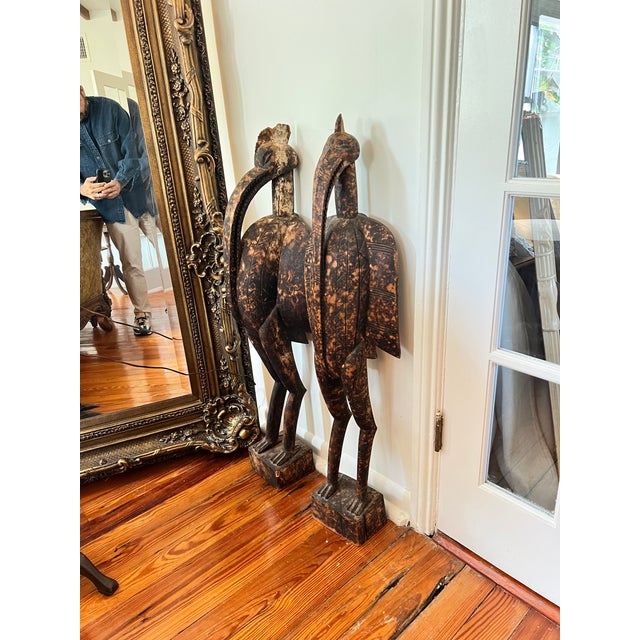 African Early 20th Century West African Senufo-Style Sejen Carved Wood Hornbill Sculptures - Pair For Sale - Image 3 of 11