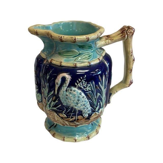 Late 19th Century Footed Cobalt and Turquoise Majolica Jug Featuring a Heron/Marsh Scene Around Center. Natural Colored...
