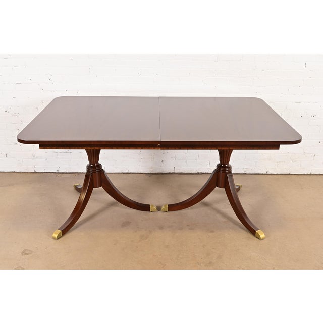 1980s Baker Furniture Style Georgian Banded Mahogany Double Pedestal Extension Dining Table, Newly Refinished For Sale - Image 5 of 11