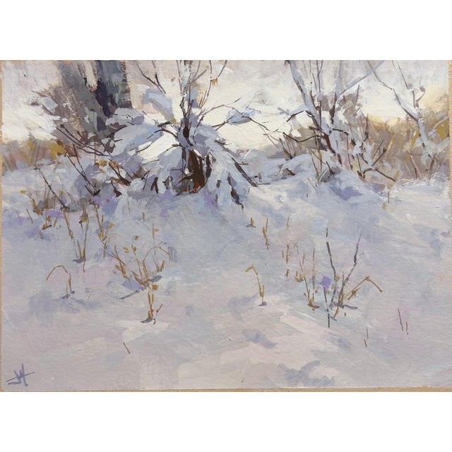 Whisper Fall by Judd Mercer | Gouache Snowy landscape with shrubs and grass in winter. For Sale