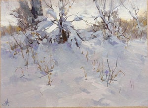 Whisper Fall by Judd Mercer | Gouache Snowy landscape with shrubs and grass in winter.