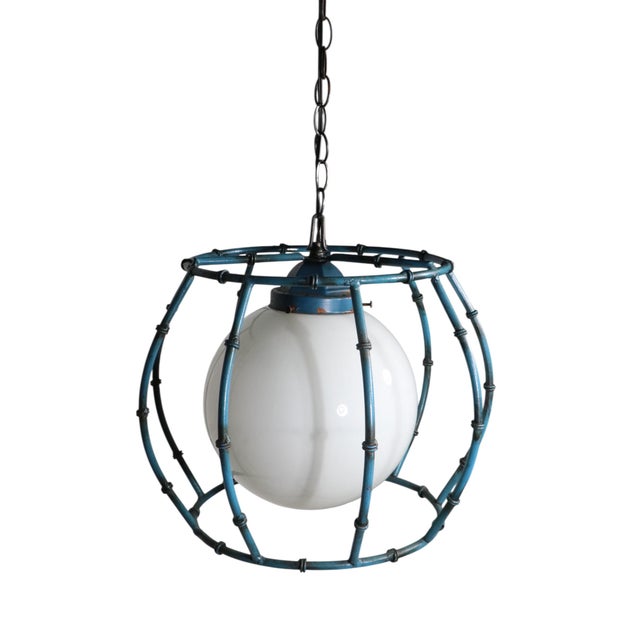 Mid 20th Century Mid Century Modern Faux Bamboo Metal Cage Chandelier With Ball Center Globe For Sale In New York - Image 6 of 12