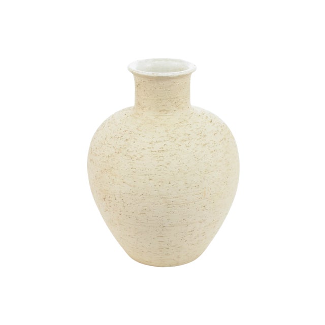 Large nine inch MCM bulbous shape vase with a textured antique matte creamy antique white exterior and white glazed...