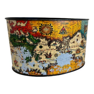 Vintage Metal World Map Cachepot Decorative Container For Sale