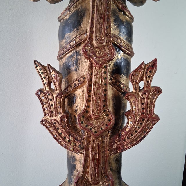 Large Antique Burmese Carved Gilt Wood Theppanom Guardian Statue 47” Tall For Sale - Image 4 of 9