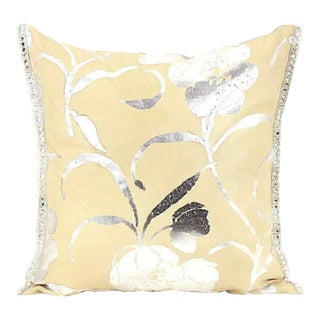Hand-Painted Silver Floral Pillow For Sale