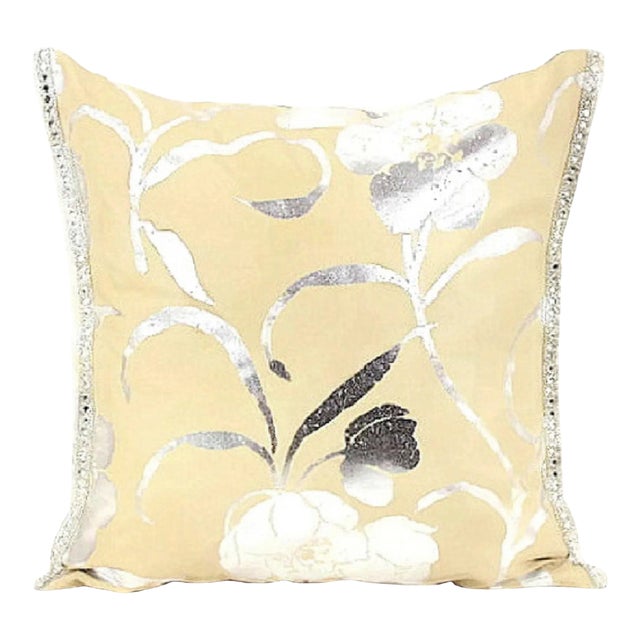 Hand-Painted Silver Floral Pillow For Sale