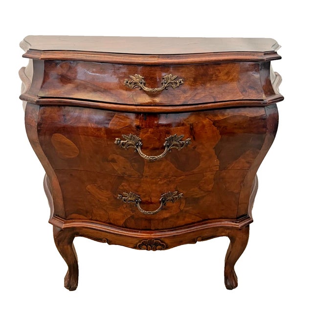 Vintage Venetian Bombe style Chest, Small Console Commode, Three Drawer Nightstand, End Table with Gorgeous Burlwood...