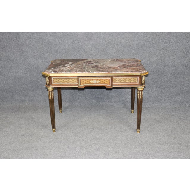 French 19th C French Louis XVI Child's Bronze Ormolu Marble Parquetry Desk For Sale - Image 3 of 18