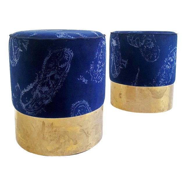 20th Century Modernist Brass and Blue Velvet Stools, Italy, 2000s, Set of 2 For Sale