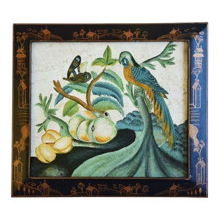 Vintage Chinoiserie Painting of Fruit, Parrot and Butterfly For Sale