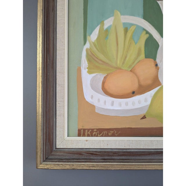 Mid-Century Modern 'Teapot and Fruits' Vintage Original Still Life Oil Painting, Framed For Sale - Image 10 of 11