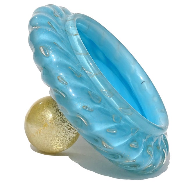 Mid 20th Century Vintage Murano Barbini Blue Control Bubbles Gold Flecks Italian Art Glass Cookie Jar Container For Sale - Image 5 of 7
