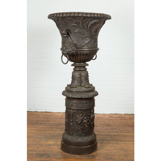 Tall Custom Made Cast Bronze Urn on Pedestal with Lion Head Handles For Sale - Image 4 of 13
