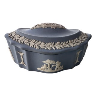 Late 20th Century. Wedgwood Blue Jasperware Scalloped Oval Trinket Box For Sale