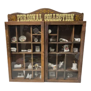 Mid 20th Century Wood Glass Trinket Display Shadowbox Personal Collection Miniature Display and Limoges - 35 Pieces