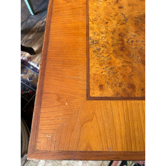 Handsome Vintage Burl and Inlaid Desk With Ebonized Base For Sale - Image 10 of 11