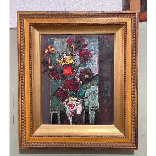 Bold, colorful abstract bouquet of flowers in a vase. 25.5 X 20 inches, framed. 16 X 12.5 canvas in original carved wood...