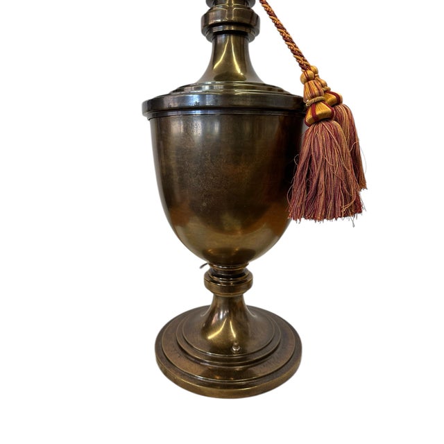 English Vintage Stiffel Brass Trophy Lamp With Red and Gold Tassels For Sale - Image 3 of 12