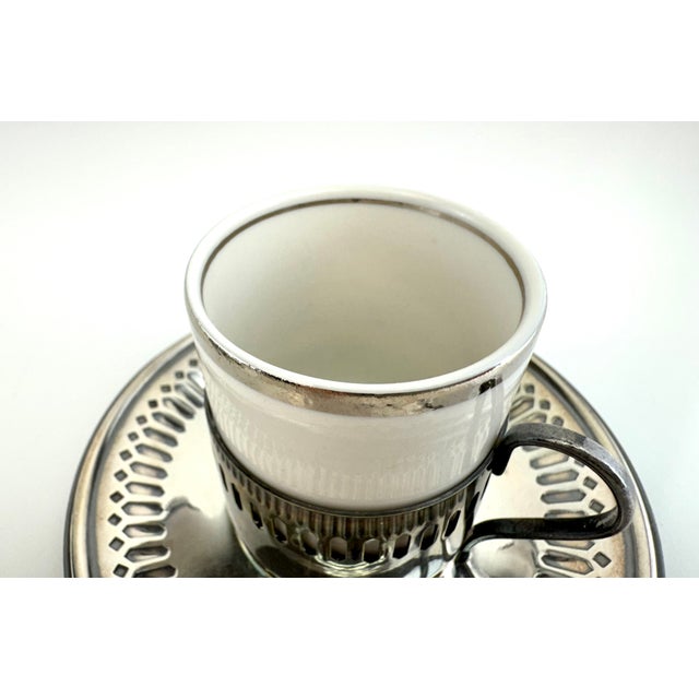 Mid-Century Modern Vintage Silverplate & Porcelain Demitasse Set, Pierced Metal Holders, Modernist Espresso Service for Six For Sale - Image 3 of 10