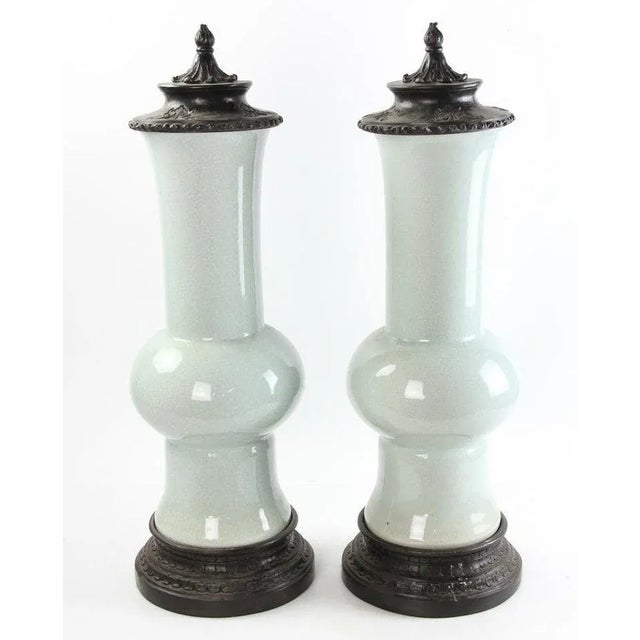 Chinese Early 20th Century Chinese Celadon Gu Shaped Porcelain Vases with Metal Covers and Bases - A Pair For Sale - Image 3 of 7