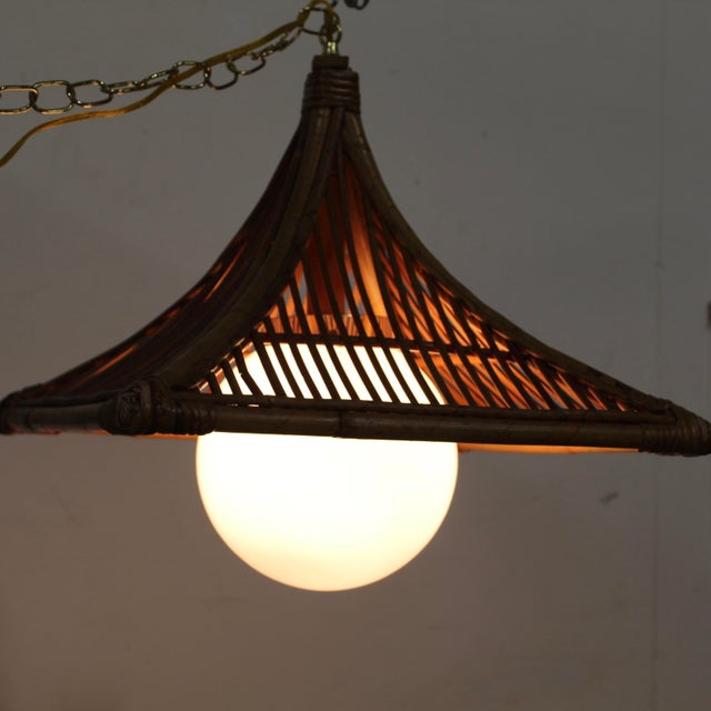 1970s Large Vintage Boho Chic Bamboo Swag Lamp - Square With Glass Orb For Sale - Image 5 of 5