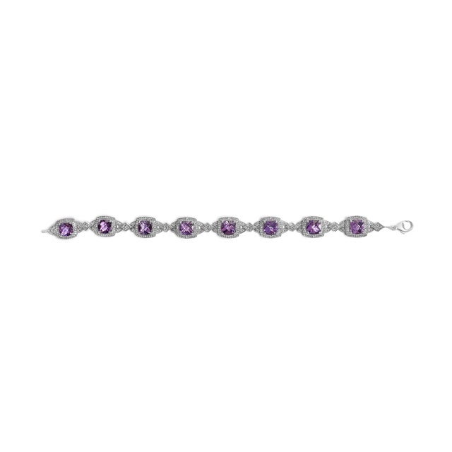 Contemporary Sterling Silver Cushion-Cut Purple Amethyst & Diamond Vintage Halo Link Bracelet For Sale - Image 3 of 5
