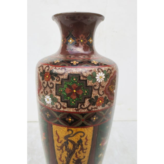 Metal Japanese Meiji Period Cloisonne Dragon & Phoenix Vase Circa 1880 For Sale - Image 7 of 13