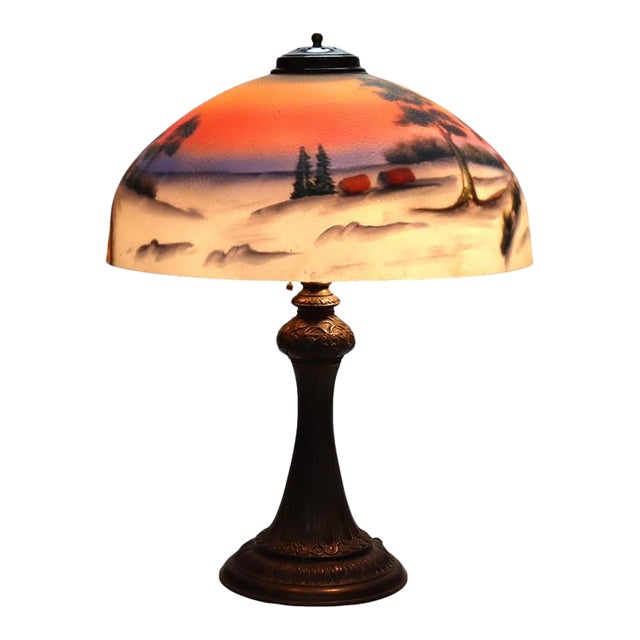 Arts & Crafts Reverse Painted Winter Landscape Lamp, Manner of Jefferson, C1920 For Sale