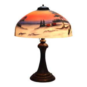 Arts & Crafts Reverse Painted Winter Landscape Lamp, Manner of Jefferson, C1920