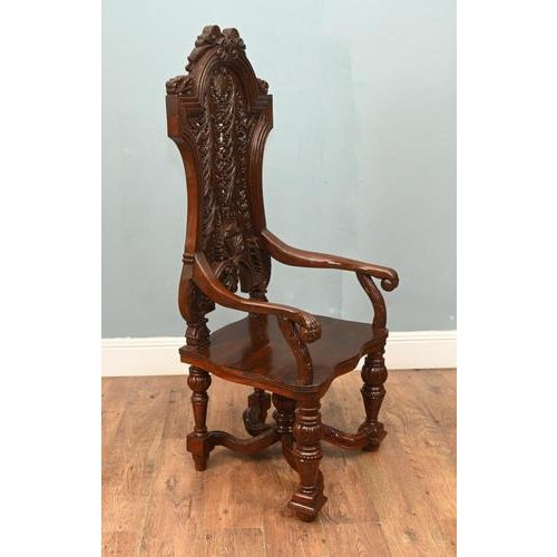 Jacobean Revival Hall Throne Armchairs in Carved Oak, 1890s, Set of 2 For Sale - Image 4 of 9