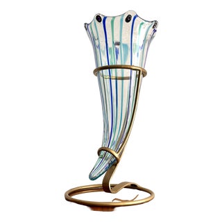 Cornucopia Vase in Murano Glass with Canes and Murrine and Brass Stand by Vistosi, 1970s For Sale