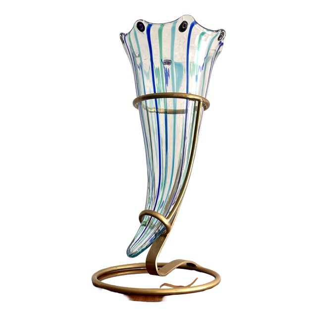 Cornucopia Vase in Murano Glass with Canes and Murrine and Brass Stand by Vistosi, 1970s For Sale